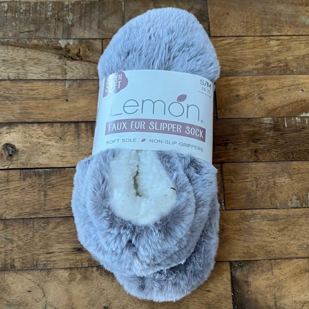 Lemon Faux Fur Slipper Socks Ladies' Size 5-7 Super Soft Gray